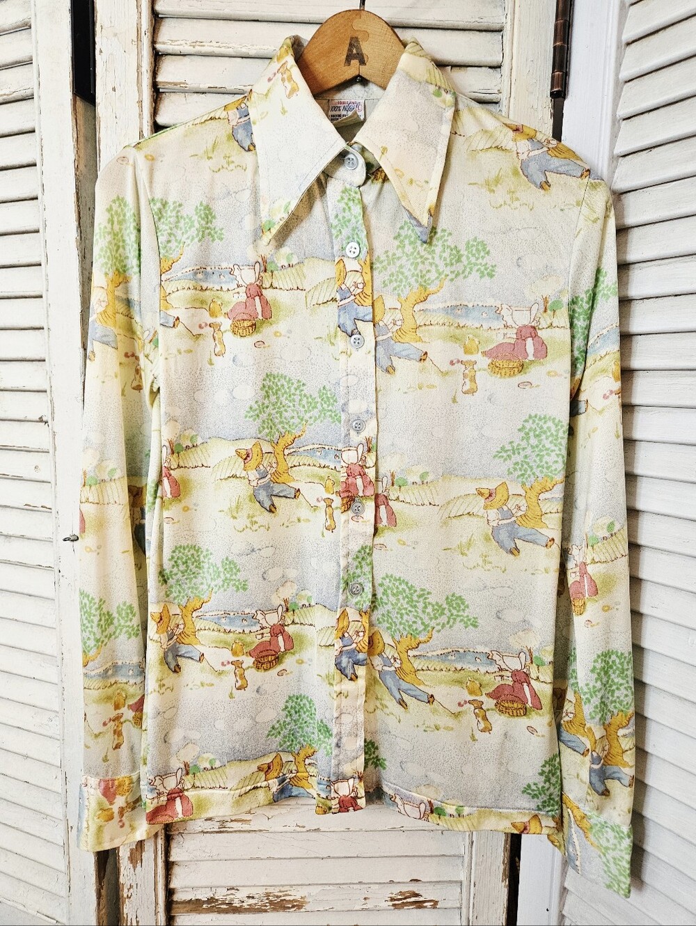 Vintage 70s Jack And Jill Print Dagger Collar Blouse Nylon Knit Medium/Large